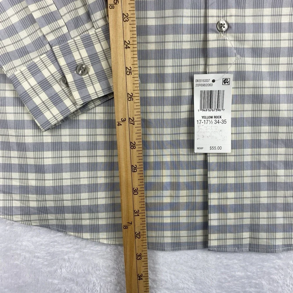 Van Heusen Shirt Mens 17-17.5/34-35 Blue/Cream Plaid Stain Shield Stretch NWT!